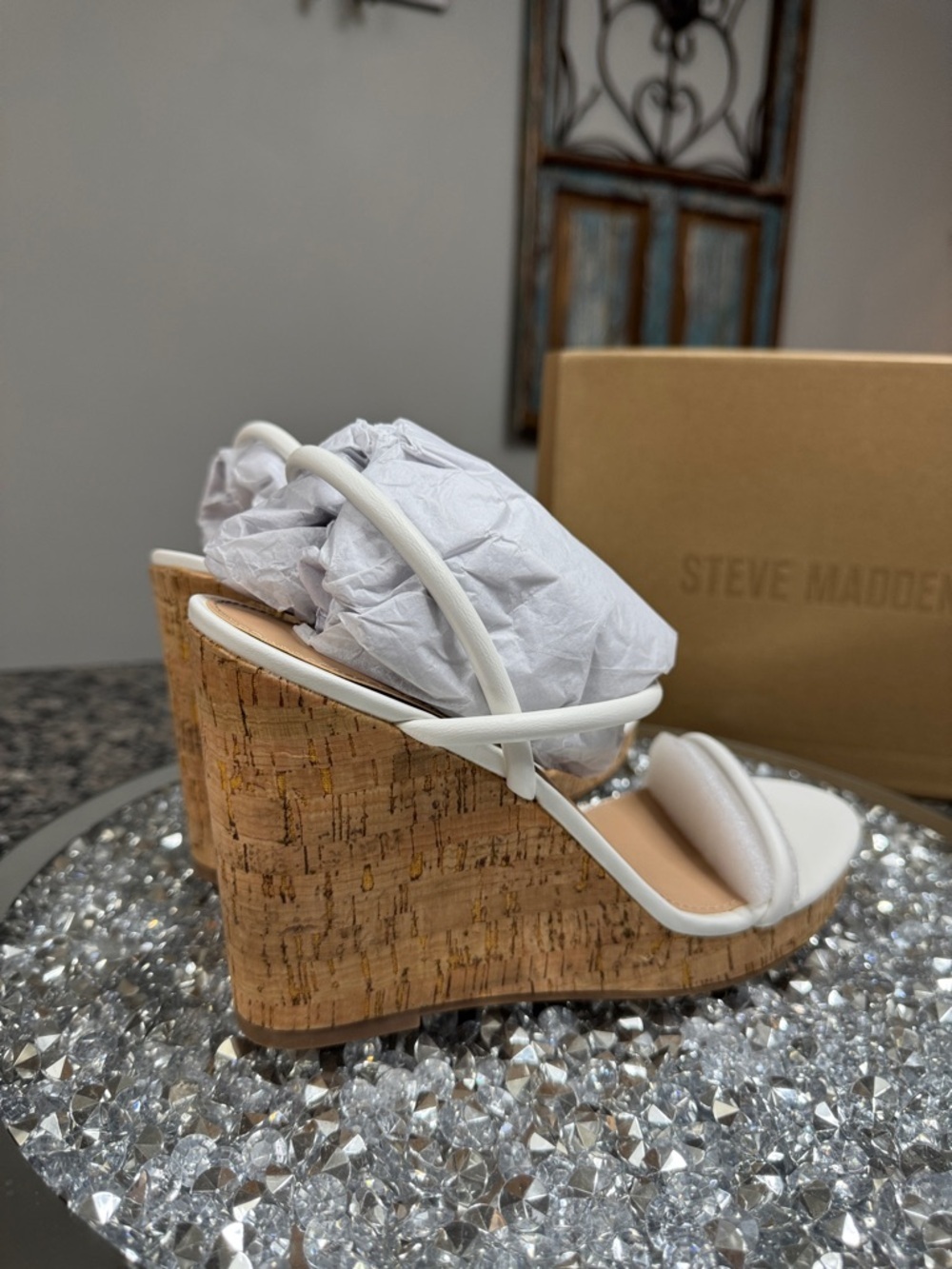 Steve Madden White leather Strappy Cork Wedge Sandals NEW 9.5 - Picture 9 of 13